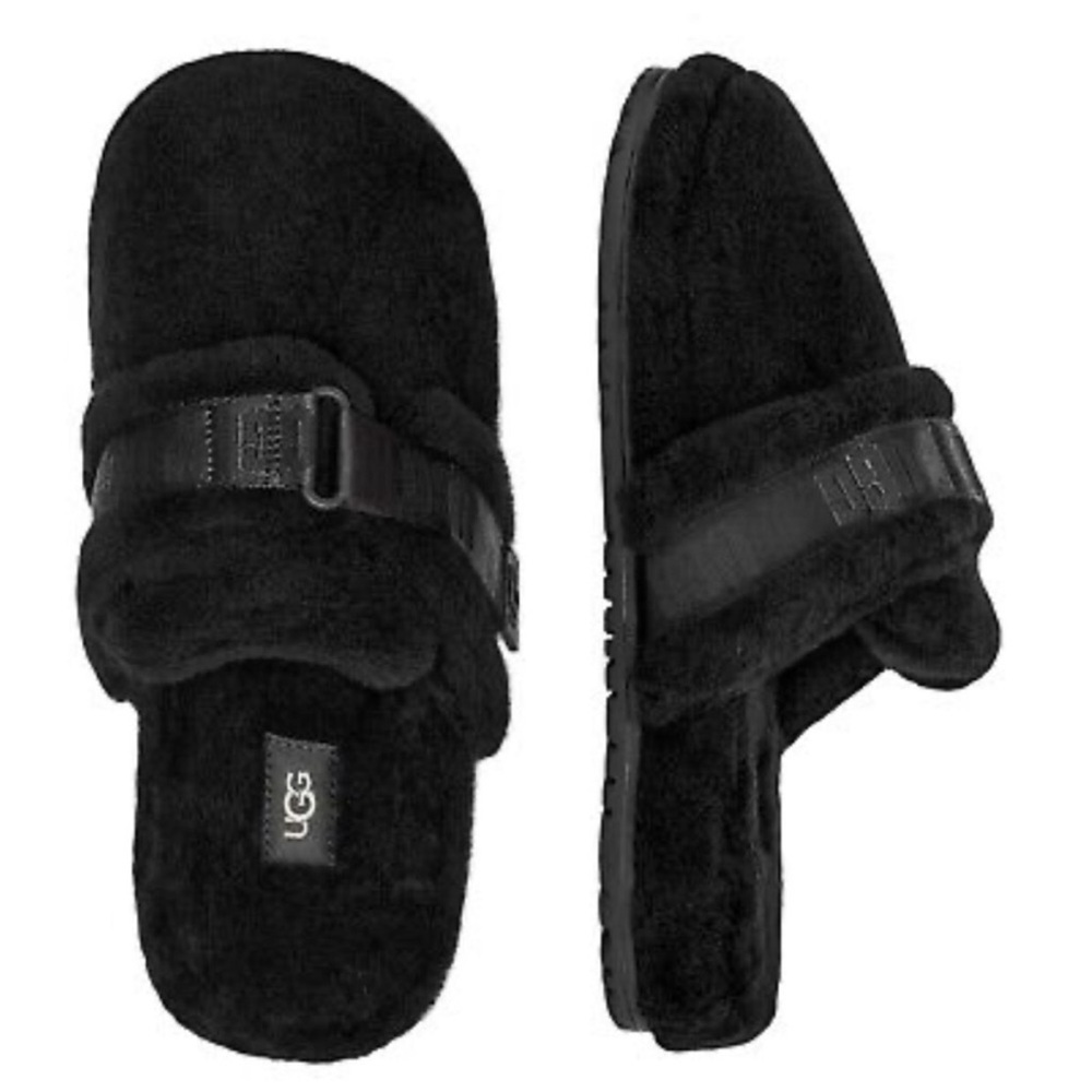 UGG Black Fuzzy Wool Closed Round Toe Logo Print Strap Slippers